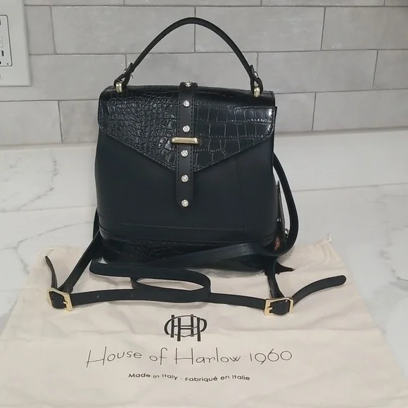 NWT House of harlow 1960 Crystal Studded Black Backpack Shoulder Handbag - Picture 8 of 14